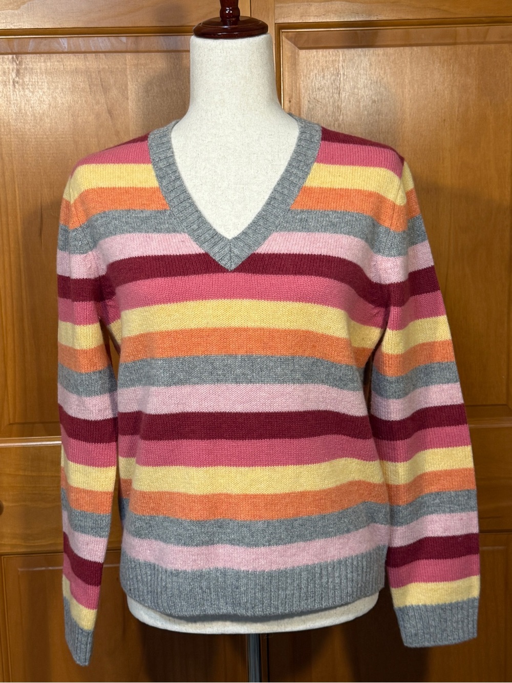 Brooks Brothers Lambswool Striped V-Neck Sweater in Pink, Gray & Yellow